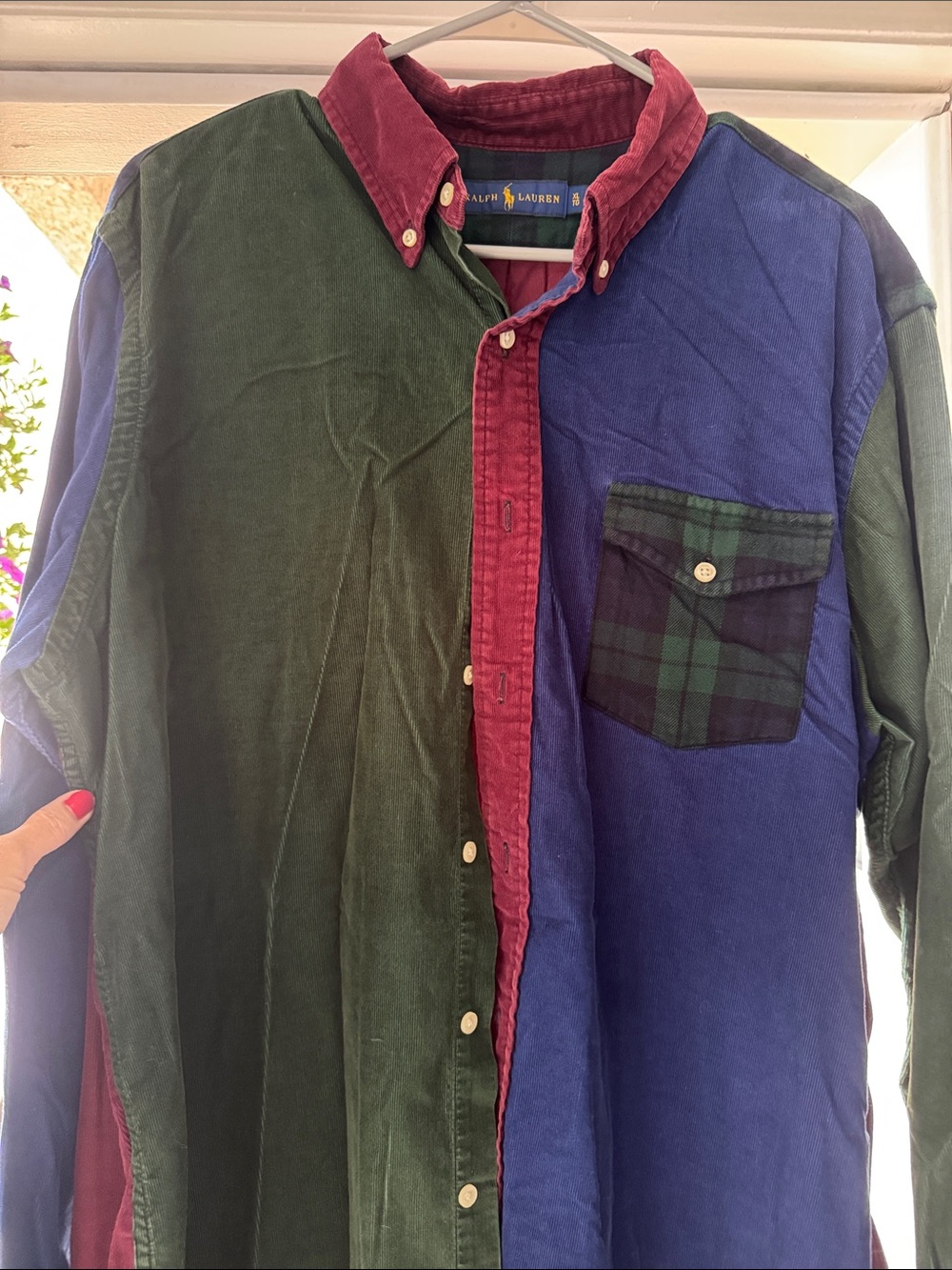 Ralph Lauren Colorblocked Corduroy Button-Down Shirt in Green/Blue/Burgundy